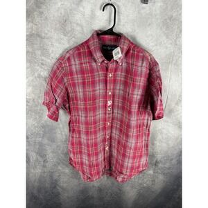 Ralph Lauren Mens Red Blue Plaid 100% Linen Short Sleeve Button Down Shirt L NEW